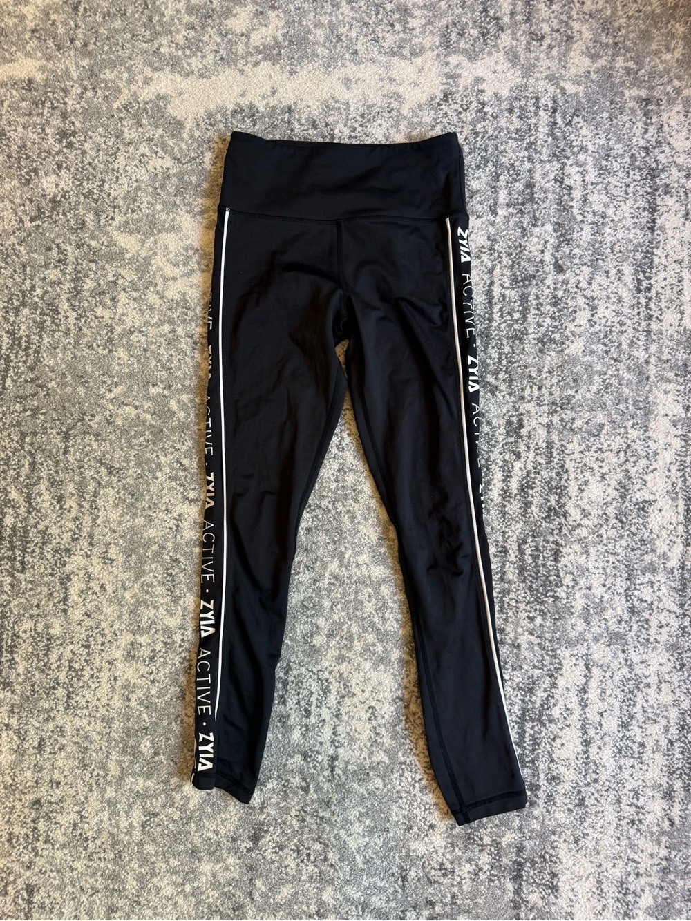 ZYIA Black High-Waist Leggings with White Side Logo Tape